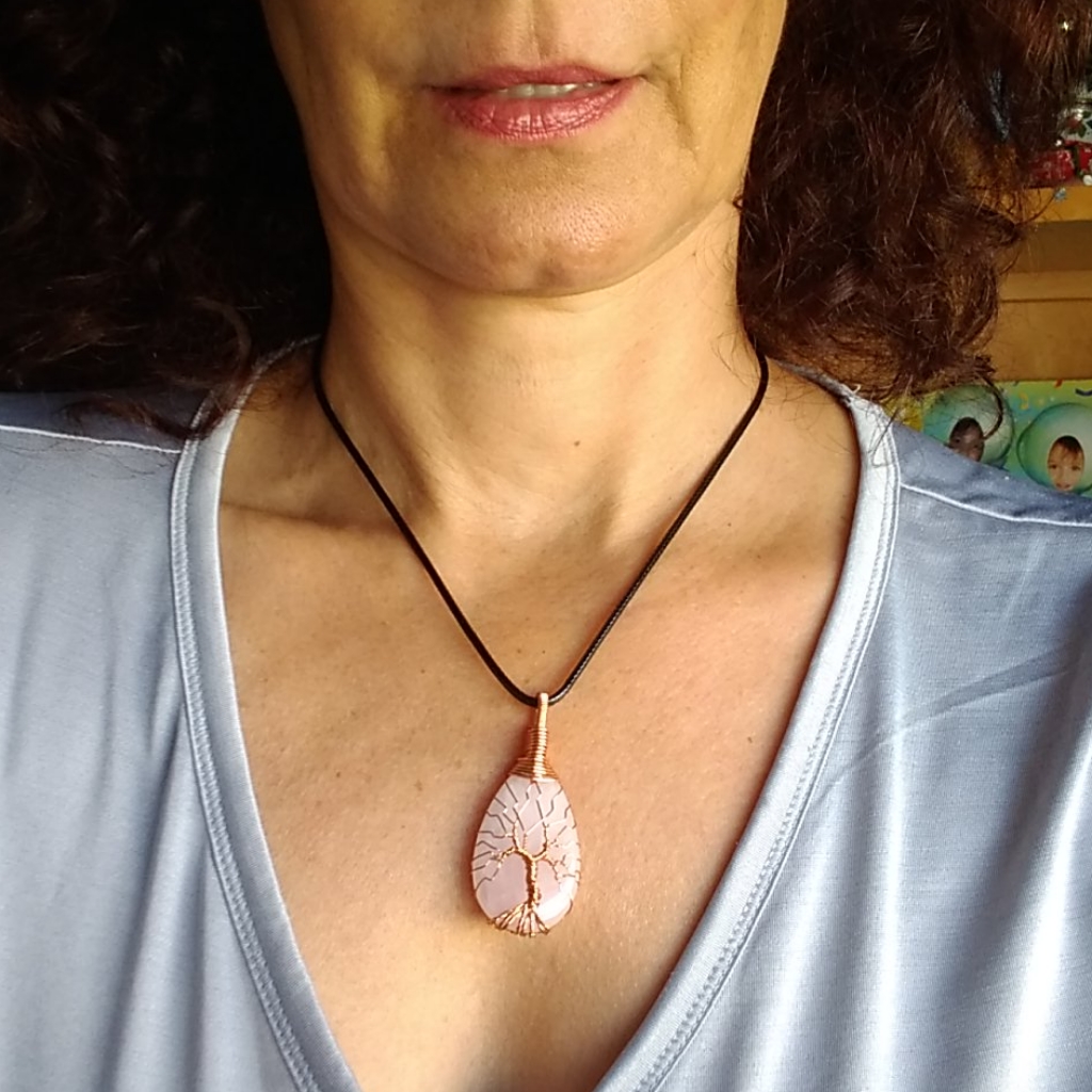 Pink Quartz/Copper Wire Wrapped Tree Life Necklace